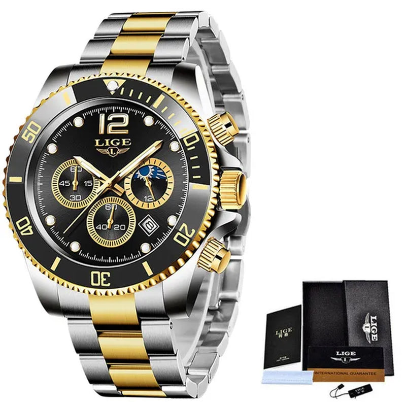 LIGE Luxury Elegant Stainless Steel Quartz Watches 3 ATM Waterproof Mens Wristwatch