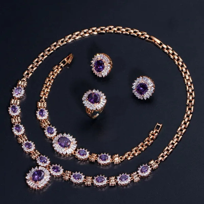 CANDICE Dubai Wedding 4 Pieces Set Elegant Red Zirconia Paved Yellow Gold Plated Engagement Party Ring Earrings Bracelet Necklace Sets For Women