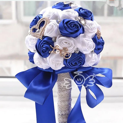 21CM Satin Ribbon Roses Wedding Bouquet Pearl Crystal Brooch Bride Holding Flowers Artificial Rose Wedding Flower Bridesmaid Bouquet. Multi-color Optional