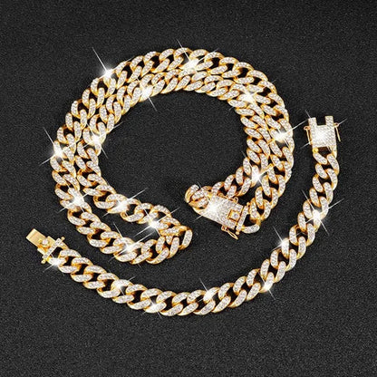 13MM  24K Gold/925 Silver Iced Out BlingBling Diamond Cuban Link Chain Miami Choker Necklace Bracelet Jewelry Set for Fashion Men and Women Hip Hop Jewelry