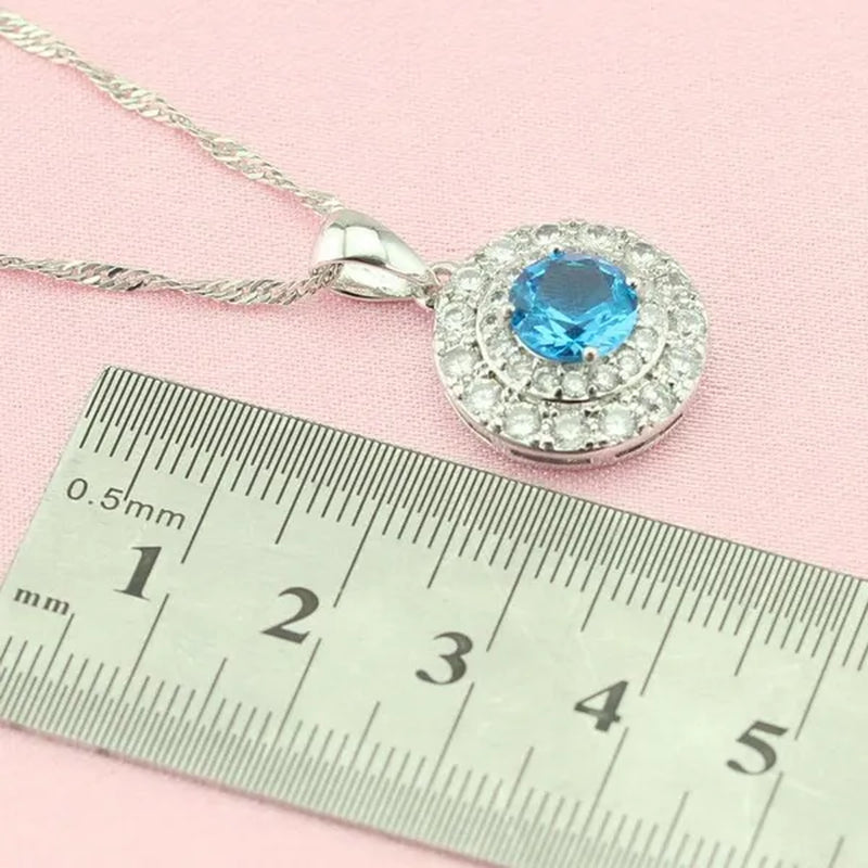 Light Blue Topaz White Zircon 925 Silver Jewelry Sets Necklace Pendant Earrings Rings For Women Dating Gift