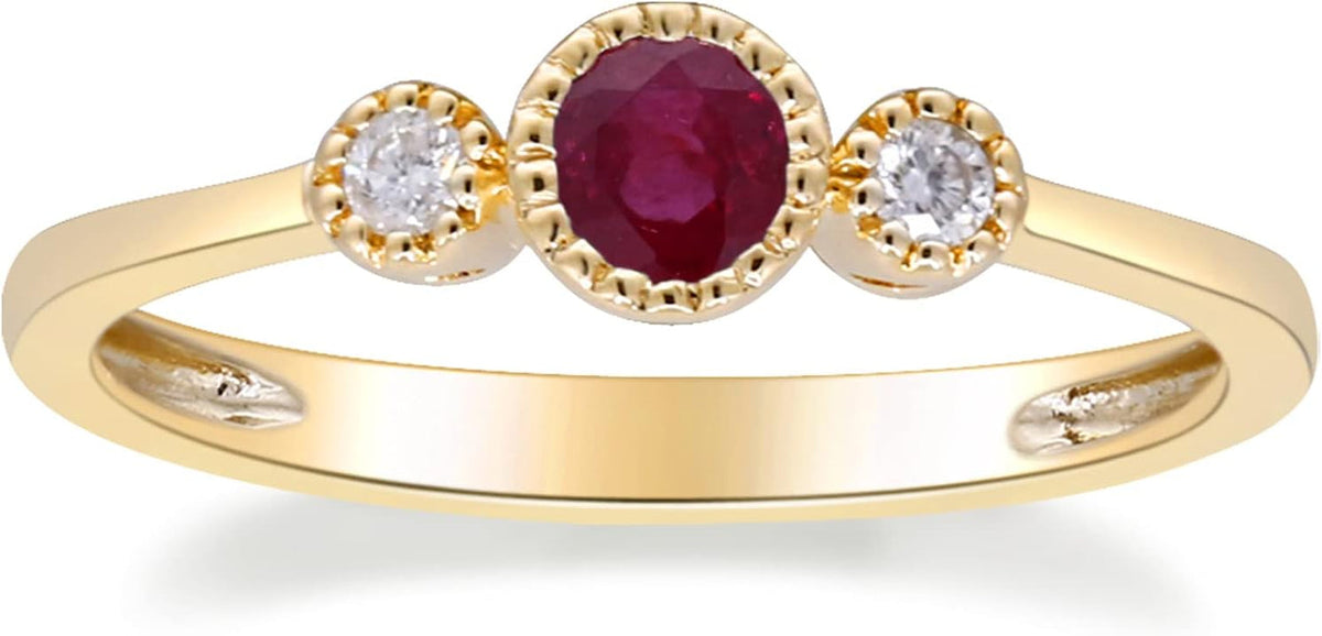 10K Yellow Gold Mozambique Genuine Ruby Ring with Diamonds for Women Holiday Gifts | Ethically, Authentically & Organically Sourced (Round) Shaped Ruby Hand-Crafted Jewelry for Her | Ruby Ring for Women Holiday Gifts