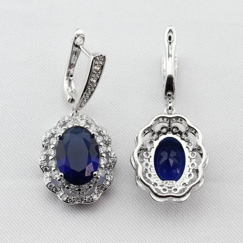 Flower Shaped Women Blue Pendant Rings Earrings Bracelet