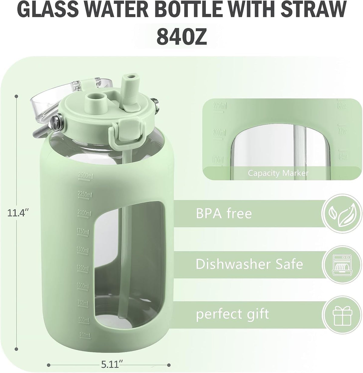 84Oz Water Bottle Glass with Stainless Steel Handle Large Water Bottle with Time Markers and Silicone Sleeve Half Gallon Water Jug BPA Free for Gym Daily Use, Light Green