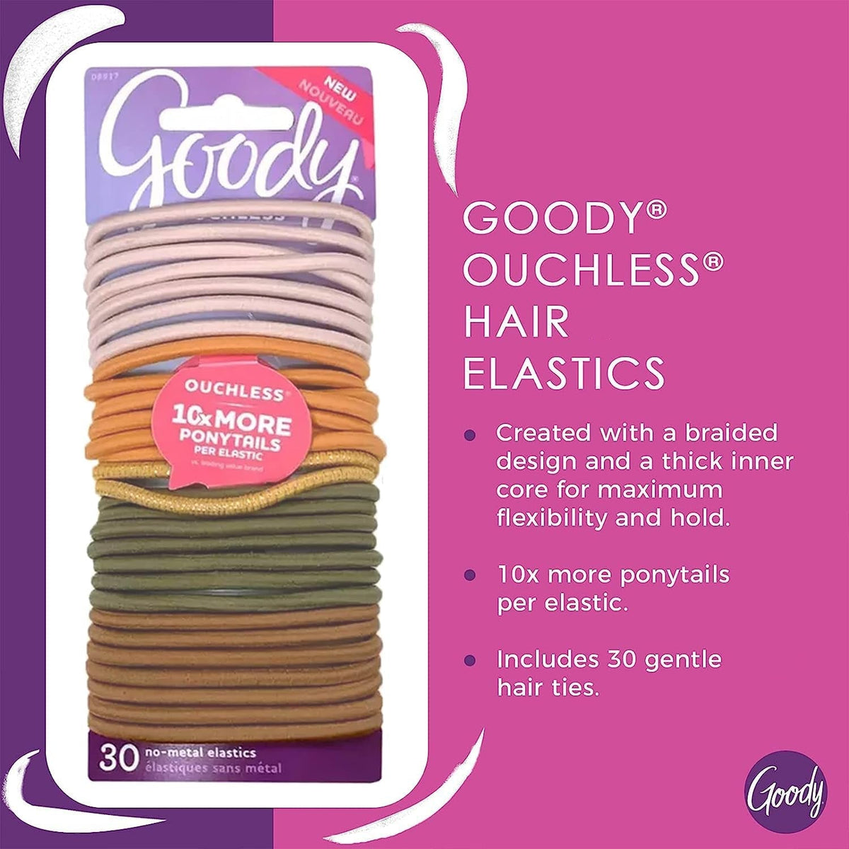 Womens Ouchless Braided Elastics Ties - 30 Count, Primal Neutrals - 4MM for Medium Hair - Pain-Free Hair Accessories for Women Perfect for Long Lasting Braids, Ponytails and More