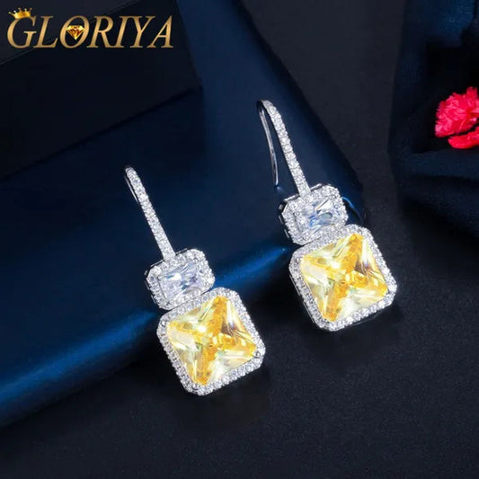 Gloriya Brilliant Sparkly Micro Cubic Zirconia Pave Citrine Square Drop Dangle Hook Earrings Jewelry for Women Fashion Accessory