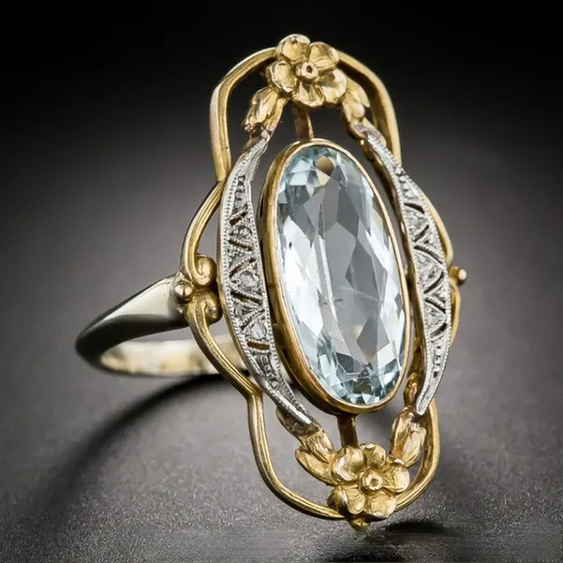 Vintage Noble Environmental Gold Plated Flower Hollow Oval Cut Sea Blue Gemstone CZ Ring for Women Unique Wedding Engagement Jewelry Gift