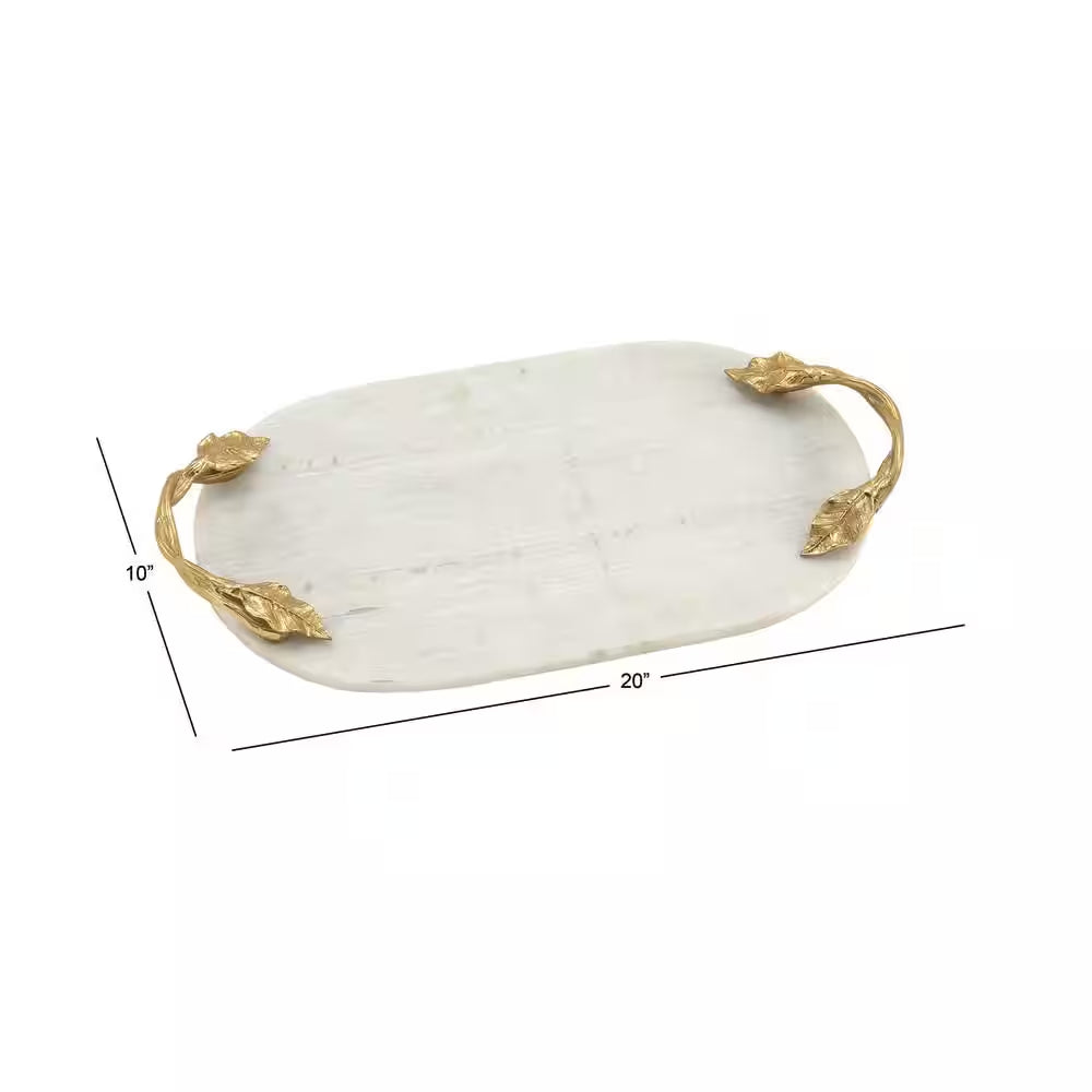 White Marble Decorative Tray with Gold Twisted Leaf Handles