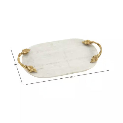 White Marble Decorative Tray with Gold Twisted Leaf Handles