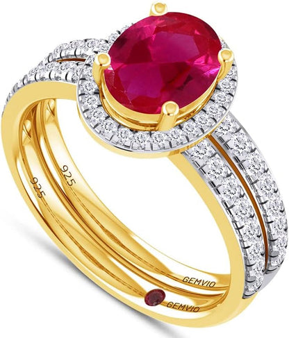 8X6MM Oval Cut Gemstone & Natural White Diamond Halo Bridal Set Engagement Ring in 14K Gold over Sterling Silver Anniversary Wedding Ring (1.40 Cttw) Valentine'S Day Gift for Her