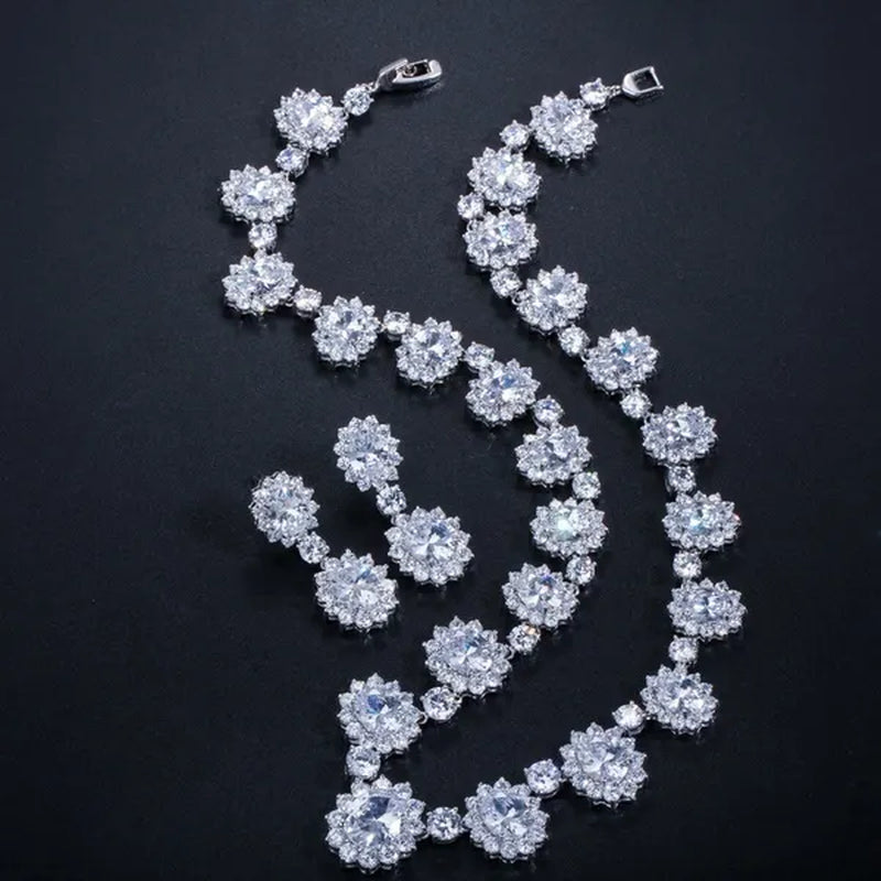 Gloriya Elegant Red Zirconia And White CZ Paved Setting Flower Pendant Earrings Necklace Jewelry Sets for Bridal Wedding Accessories
