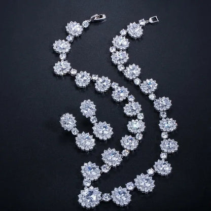 Gloriya Elegant Red Zirconia And White CZ Paved Setting Flower Pendant Earrings Necklace Jewelry Sets for Bridal Wedding Accessories