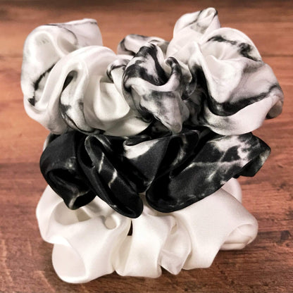 Mulberry Silk Scrunchies for Hair (Black Marble, White Marble, Ivory)