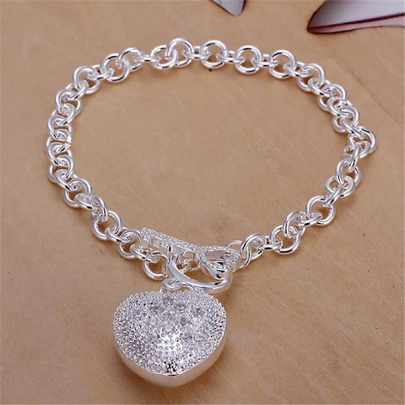 925 Sterling Silver Bracelet Jewelry Shiny Crystal Heart Key Bracelet for Women Christmas Gift
