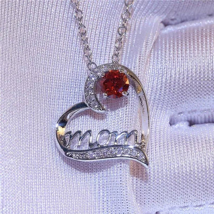 Love Mum Silver Plated Ruby MOM Character Emerald Necklace Jewelry Family Birthday Best Gift for Mother Mummy Party Wedding Band Necklace Christmas Gift