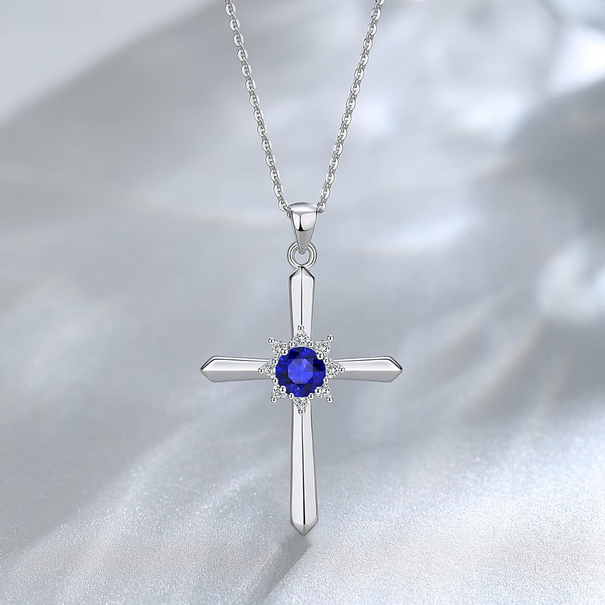 Birthstone Cross Necklace for Women Sterling Silver Birthstone Necklace Halo Infinity Cross Pendant Necklace Fine Jewelry Valentines Day Gifts Birthday Holiday Gifts for Her, 16"+2" Inches