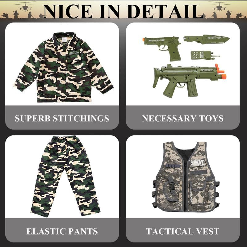 Army Uniform Cosplay Costume Soldier Outfits with Clothes, Tatical Vest and Other Toys Acessories for Kids