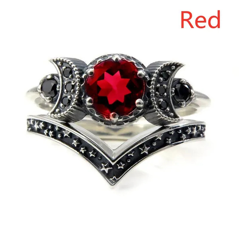Hecate Triple Moon Ring Set Silver and Black Diamond Engagement Rings  Amethyst or Red Crystal Wedding Ring Unique Moon Goddess Rings for Women Fashion Jewelry Boho & Hippie & Gothic Anniversary Gift
