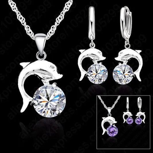 Hot Sale Cute Lovely Dolphin Lever Back Earring Necklace Sets, 925 Sterling Silver White Gold Plated With Crystal Woman Wedding Jewelry