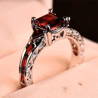 Women silver plated  Princess Cut Garnet Red Ruby Wedding Ring Party Jewelry Gifts Size 4 5 6 7 8 9 10 11