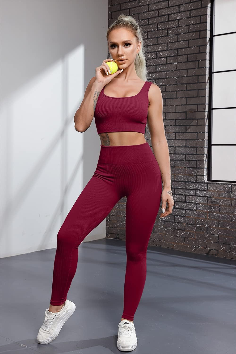 Ribbed Workout Outfits for Women 2 Piece Seamless Sport Bra High Waist Yoga Leggings Sets
