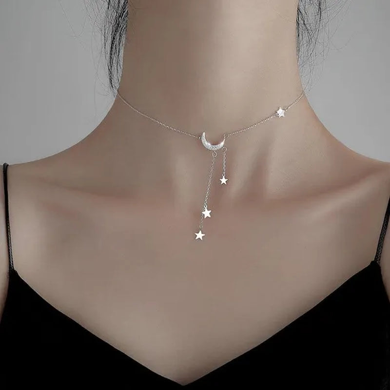 925 Silver Sterling Tassel Star Moon Necklace For Women Clavicle Chain Woman Jewelry Birthday Gift Accessories