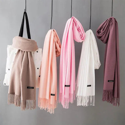 Women Cashmere Wool Scarf Wraps Warm Blanket Scarves Women Solid Color Cashmere Scarves with Tassel