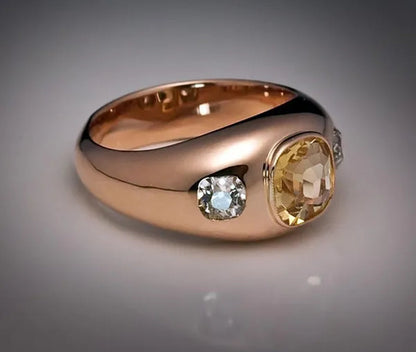 Vintage Women's Fashion Rose Gold Natural Citrine Diamond & White Sapphire Ring Anniversary Gift Engagement Bridal Wedding Jewelry Rings Size 5-10