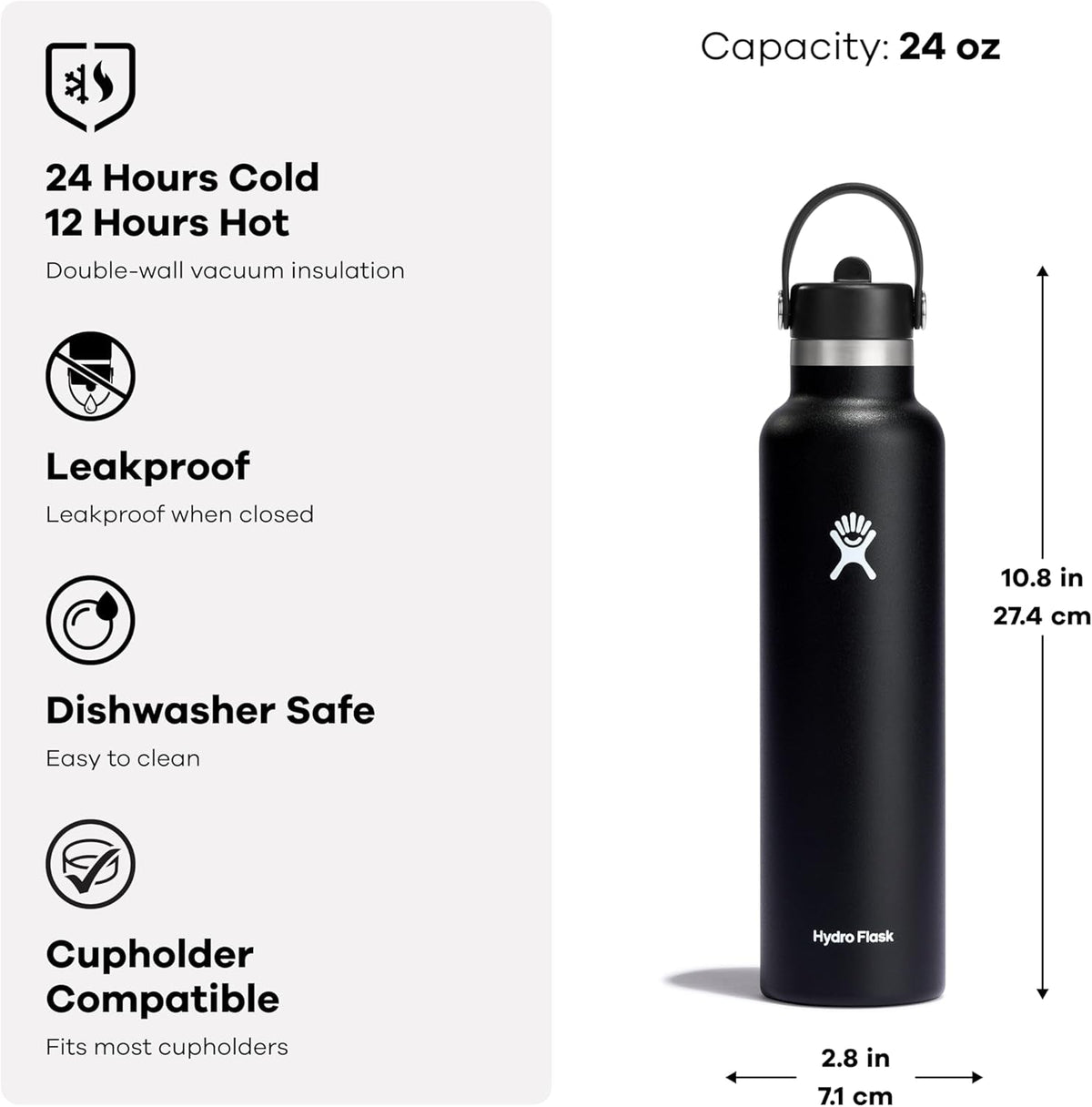 24 Oz Stainless Steel Standard Mouth Water Bottle with Flex Straw Cap and Double-Wall Vacuum Insulation
