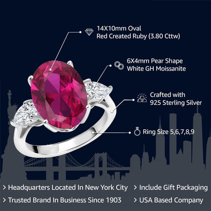 3.80 Cttw Red Created Ruby and White Moissanite 3 Stone Ring for Women | 925 Sterling Silver | 14X10MM Oval and 6X4MM Pear Shape | Available in Size 5, 6, 7, 8, 9