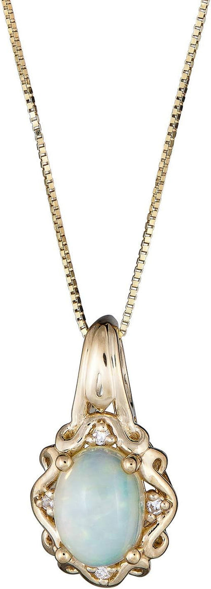10K Yellow Gold Natural Opal Natural Diamond (I1,I2) Pendant Necklace with Gold Chain for Women Jewelry Gifts