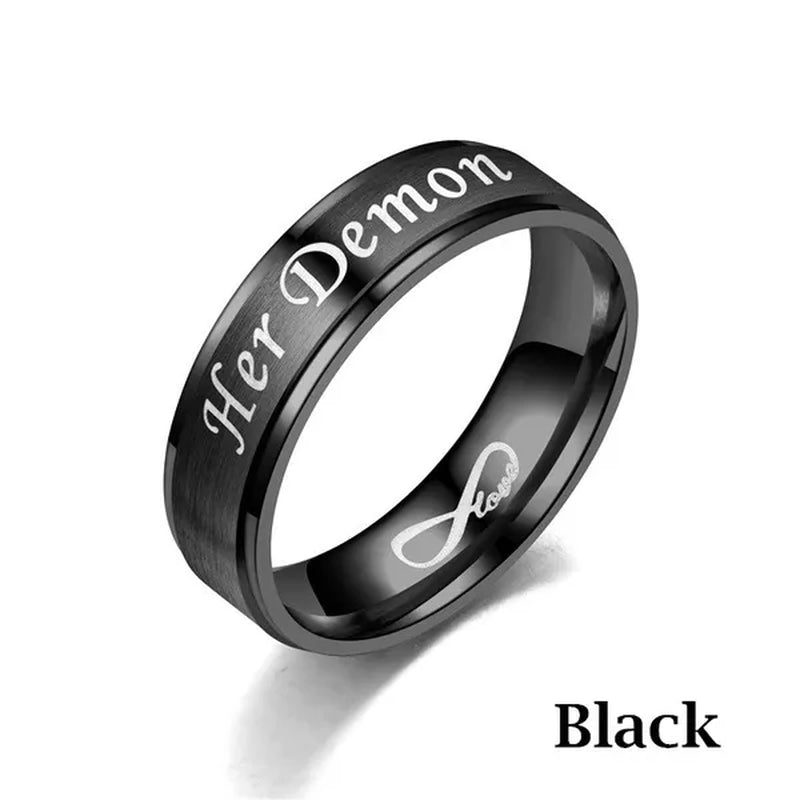 Fashion 'His Angel' 'His Angel' Stainless Steel Couples Ring Wedding Ring Gifts For Lovers (Style: Black-'Her Demon' For Men, Rose Gold-'His Angel')