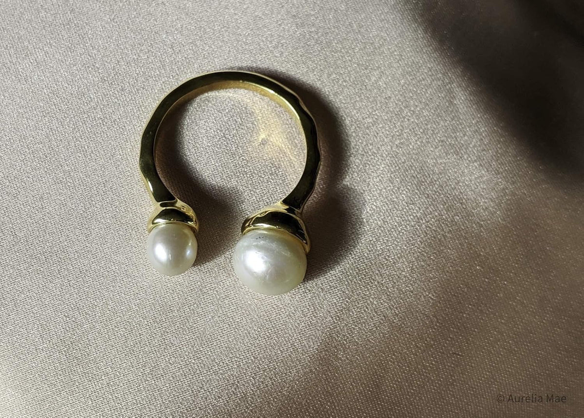 18K Gold Plated Freshwater Cultured Pearl Ring Gold Knuckle Rings Two Pearls Open Midi Ring Open Cuff Wrap Band