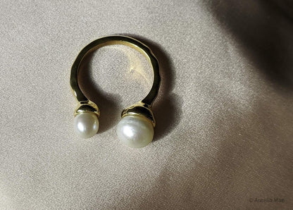 18K Gold Plated Freshwater Cultured Pearl Ring Gold Knuckle Rings Two Pearls Open Midi Ring Open Cuff Wrap Band