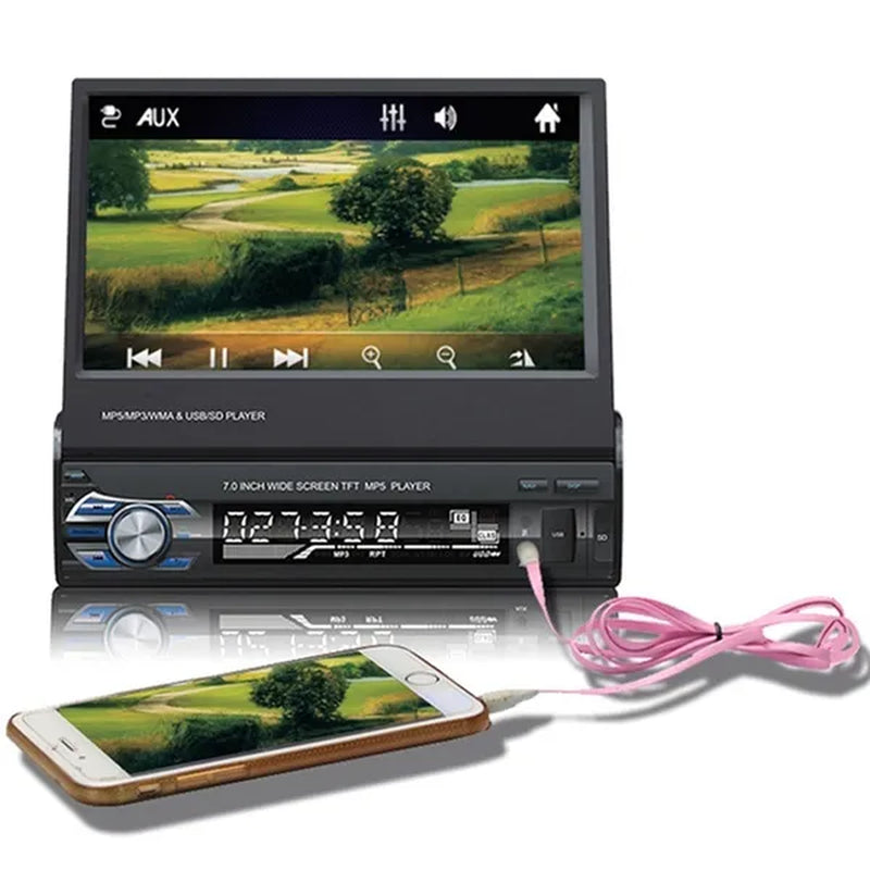 1DIN 7" HD Retractable Touch Screen Car Stereo Audio Bluetooth Car Radio Support Bluetooth/Usb/Aux/Fm/Am Mirrorlink+ SWC+ Rearview Camera (Optional)