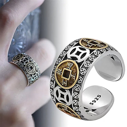 Richluck Max Force Five Emperors Coins Ring Emperor Coin Opening Adjustable Ring Vintage Money Ring Chinese Feng Shui Good Luck Rings