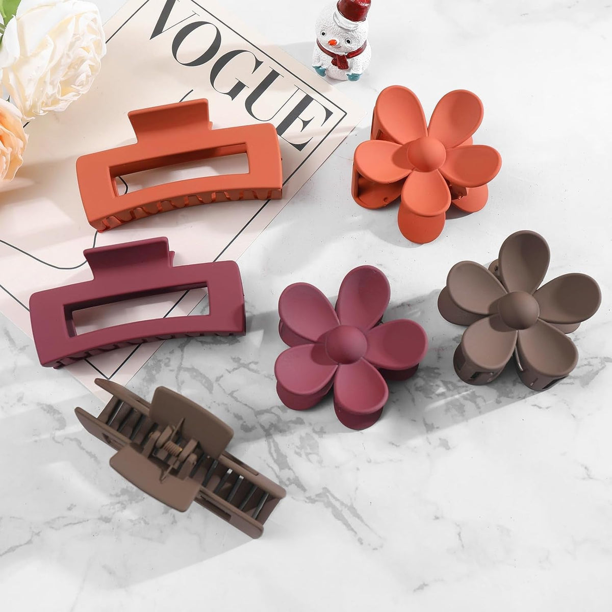 6 Pack 4.1 Inche Large Rectangle Hair Claw Clips Matte Flower Hair Clips, for Women Thin Thick Curly Hair, Cute Orange，Wine Red，Brown Hair Clips