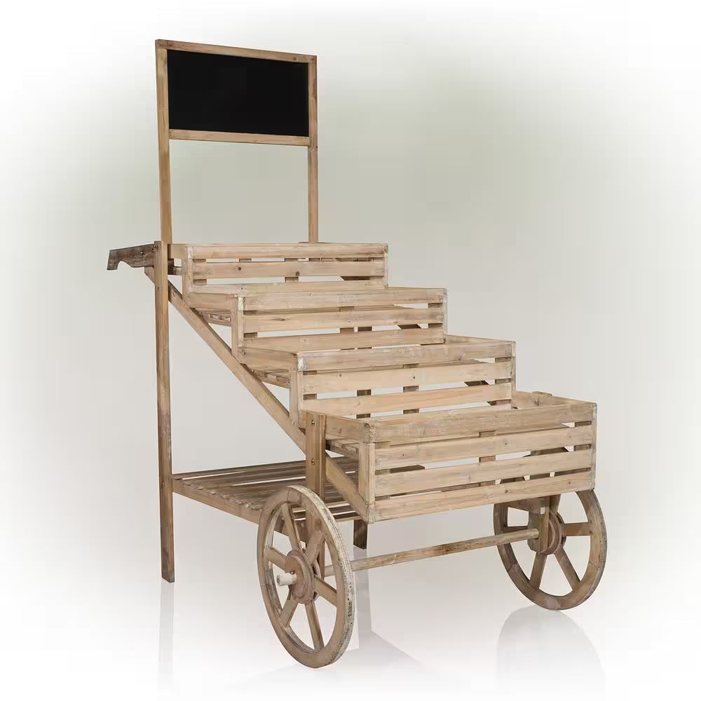 59 In. Tall Indoor/Outdoor Wooden Cart Plant and Display Stand with Chalkboard