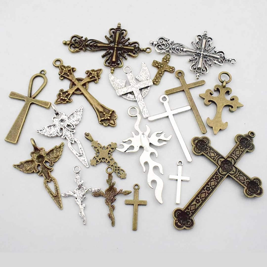 100G Big Cross Pendants Collection - Antique Bronze Silver Sword Holy Angel Jesus Peace Cross Crucifix Metal Charms for Jewelry Making DIY Findings (HM23)