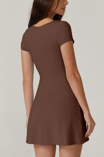 Womens Square Neck Tennis Dress Short Sleeve Built in Shorts Golf Athletic Dress with Pockets