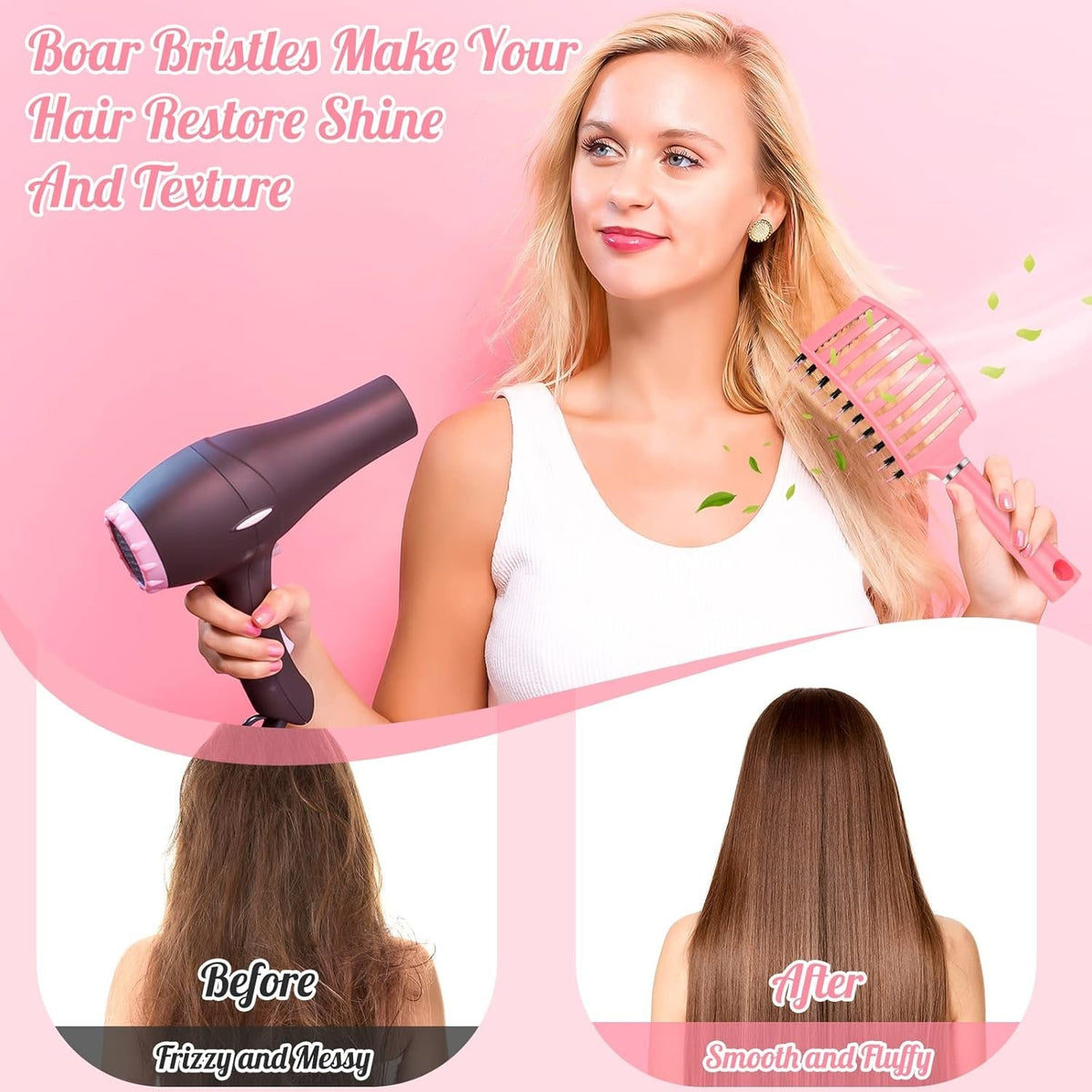 Hair Brush, Detangling Hairbrush Boar Bristle Curved Vented Hair Brush for Women Men Kids Curly Thick Long Short Wet or Dry Hair, Faster Blow Drying(2Pack, Black&Pink)