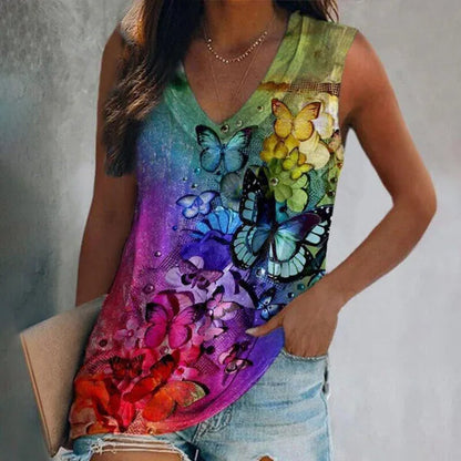 Ethnic Style Multi-pattern Print Sleeveless T-shirt Women's Vest V-neck Casual Loose Shirts Blouse Tank Top Camisoles
