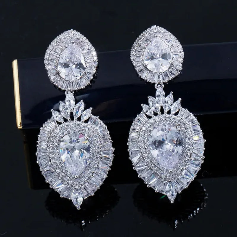 CANDICE Luxury Jewelry 18K Platinum Plated Double Large Water Drop Cubic Zirconia Crystal Long Dangle Earrings For Wedding Gift