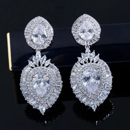 CANDICE Luxury Jewelry 18K Platinum Plated Double Large Water Drop Cubic Zirconia Crystal Long Dangle Earrings For Wedding Gift