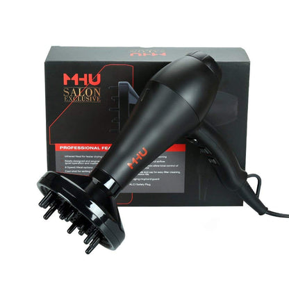 MHU Professional Salon Grade 1875W Low Noise Ionic Ceramic Ac Infrared Heat Hair Dryer plus One Concentrator and One Diffuser Black Color
