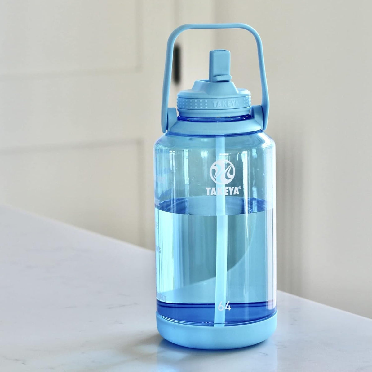 64 Oz Motivational Water Bottle with Straw Lid with Time Marker, Half Gallon, Premium Quality BPA Free Tritan Plastic, Breezy Blue