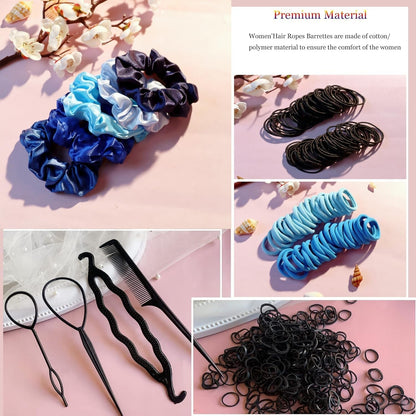 755PCS Hair Accessories for Woman Set Seamless Ponytail Holders Variety Hair Scrunchies Hair Bands Scrunchy Hair Ties for Thick and Curly (755PCS (Treasure Blue))