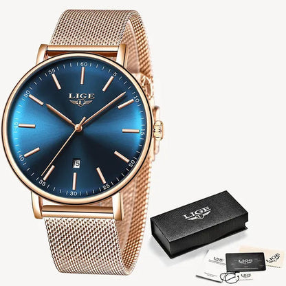 2019 LIGE Luxury Rose Gold Ladies Watch Simple Fashion Casual Ladies Watch Ultra-Thin Waterproof Quartz Watch Montre Femme