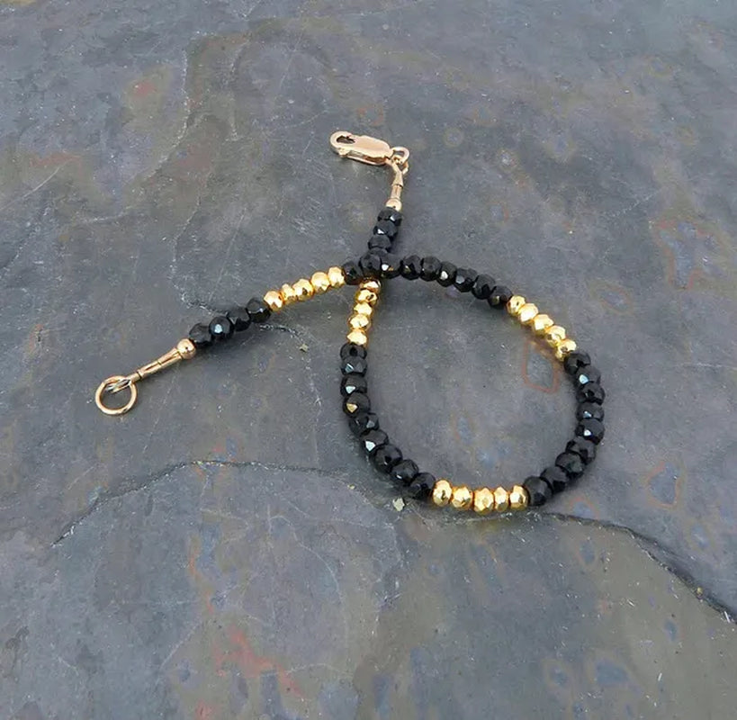 Faceted Black Spinel Gemstone & Gold Pyrite Bracelet
