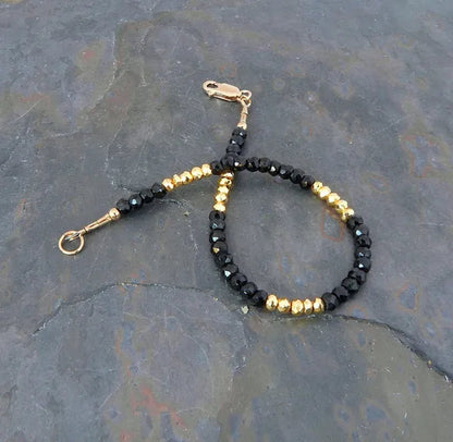 Faceted Black Spinel Gemstone & Gold Pyrite Bracelet